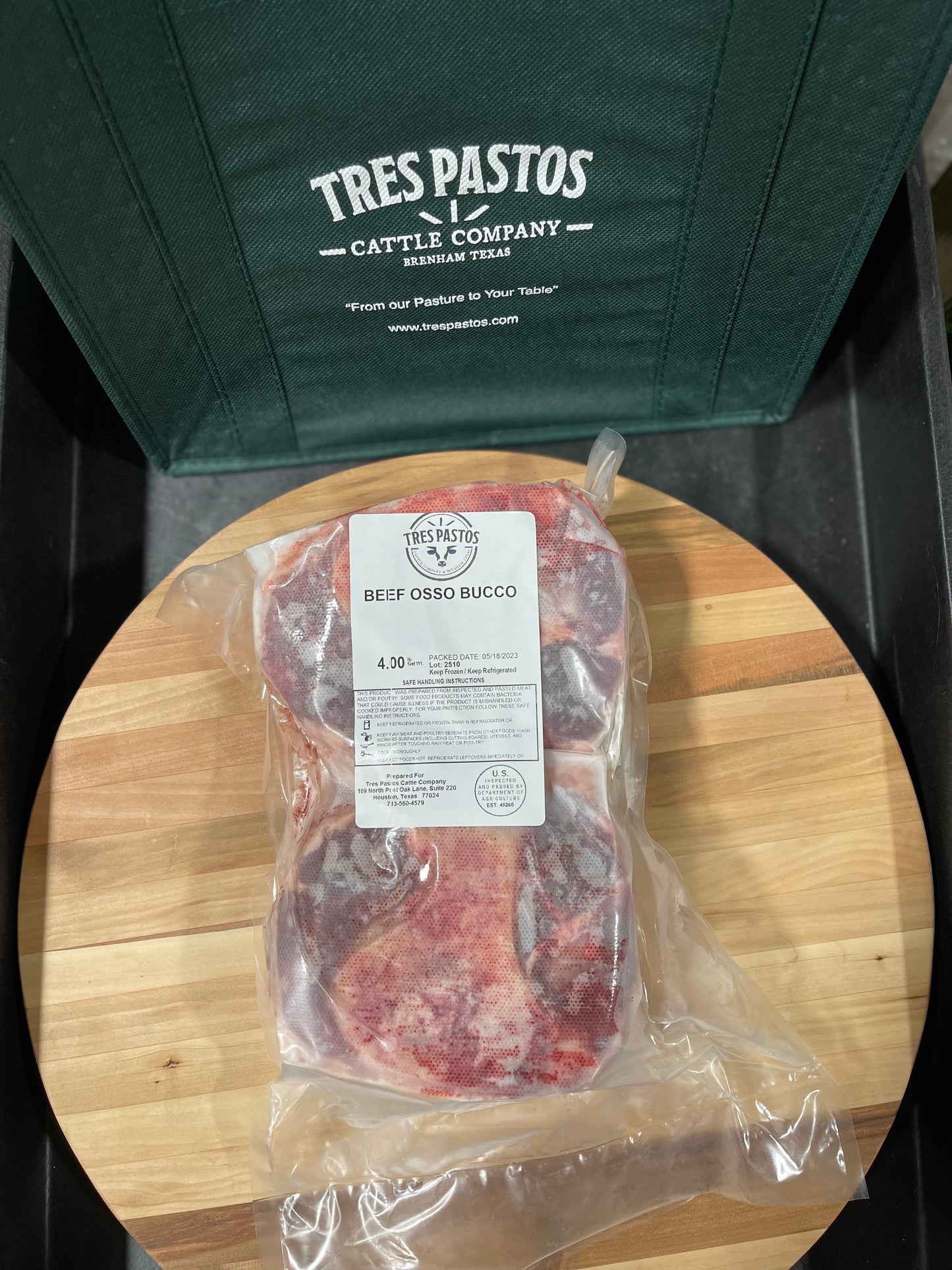 Beef Osso Bucco in a vacuum sealed bag. Labeled as Tres Pastos.
