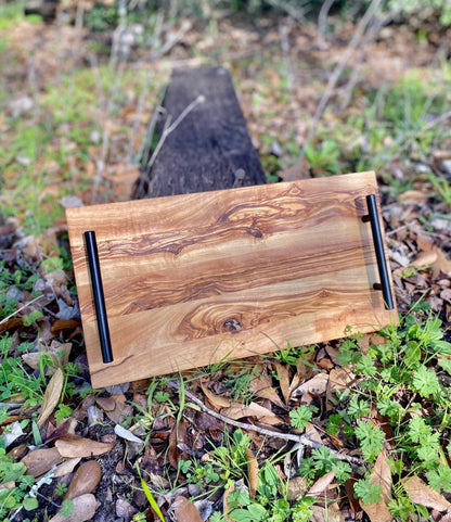 Rectangle Olive Wood Tray With Black Handles